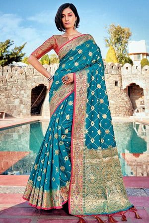 Cyan Blue Banarasi Saree