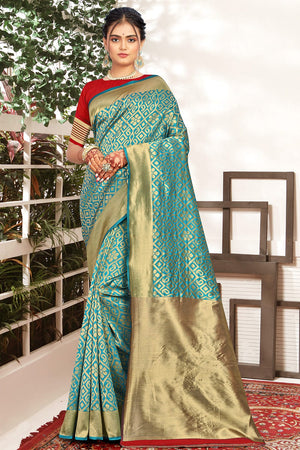 Cyan Blue Banarasi Saree