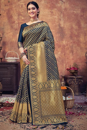 Navy Blue Banarasi Saree