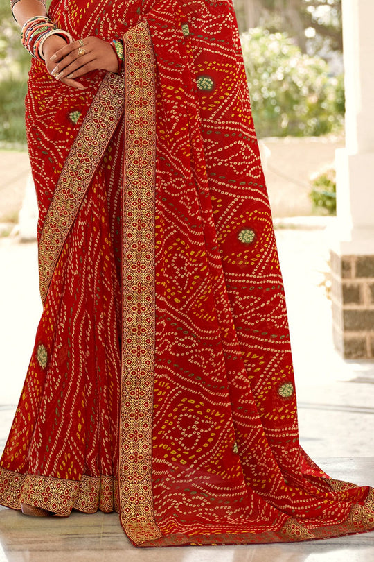 Brick Red Bandhani Saree designer saree