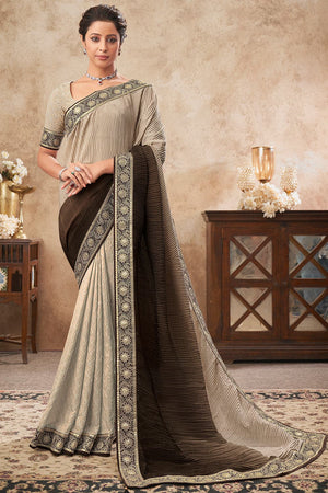 Brown Beige Chiffon Saree