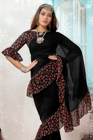 Pitch Black Chiffon Ruffle Saree