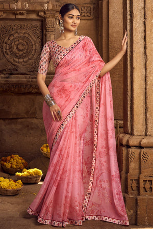Watermelon Pink Chiffon Saree