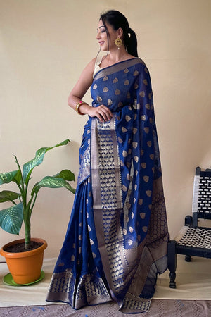 Azure Blue Cotton Linen Saree