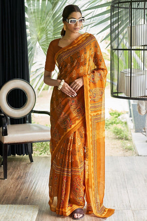 Caramel Yellow Cotton Linen Blend Saree