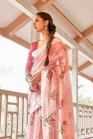 Carnation Pink Cotton Linen Saree