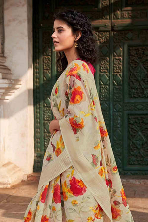 Cream White Cotton Linen Blend Saree