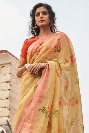Flax Yellow Cotton Linen Blend Saree