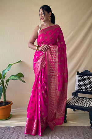 Hot Pink Cotton Linen Saree