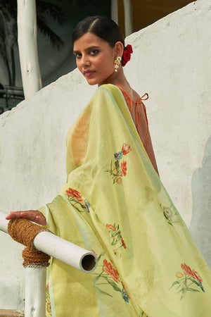 Light Yellow Green Cotton Linen Blend Saree