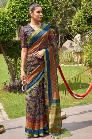 Navy Blue Cotton Linen Blend Saree