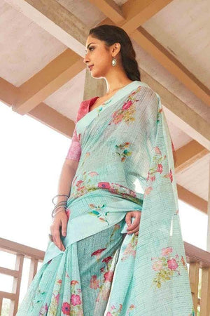 Powder Blue Cotton Linen Saree