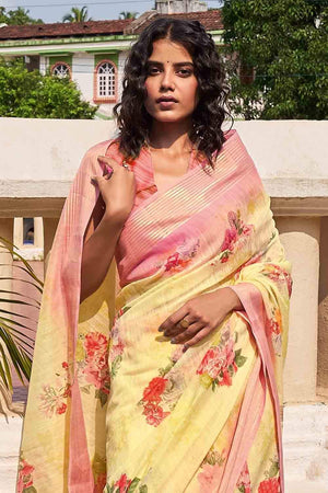 Sun Yellow Cotton Linen Saree