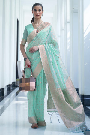 Aqua Blue Cotton Saree