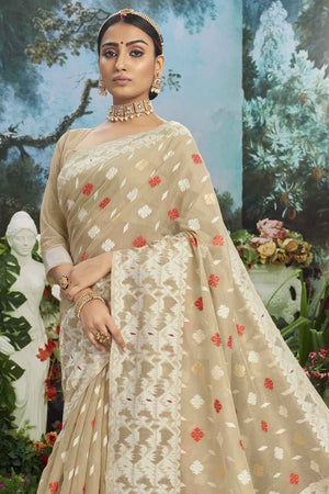 Beige Printed Cotton Saree