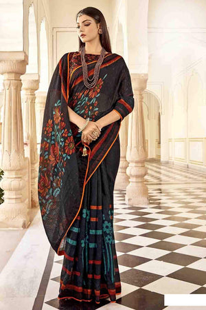 Black Printed Cotton Saree