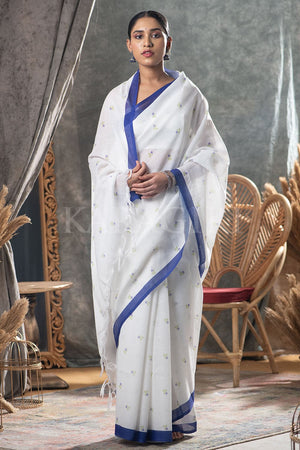 Block Printed White Cotton Saree