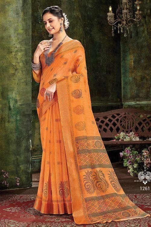Bronze Orange Cotton Saree cotton saree design