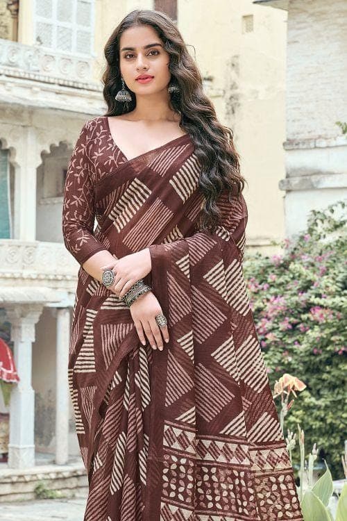 Brunette Brown Cotton Saree cotton