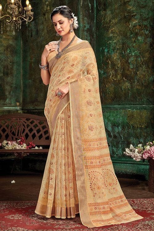 Buff Cream Cotton Saree cotton saree design