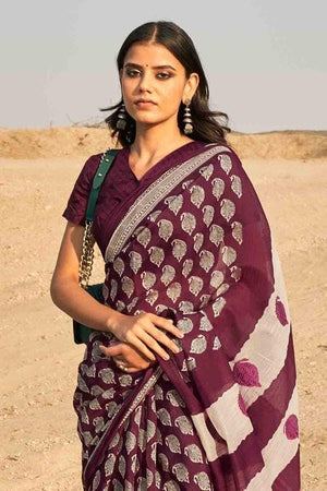Burgandy Printed Cotton Saree