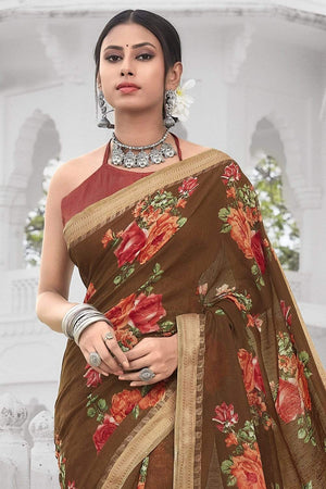 Caramel Brown Printed Cotton Saree
