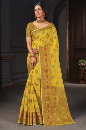 Carmine Yellow Cotton Saree