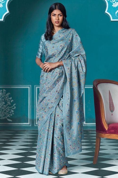 Carolina Blue Cotton Saree With Lucknowi Prints cotton sarees online shopping