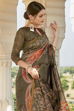 Cedar Brown Printed Cotton Saree