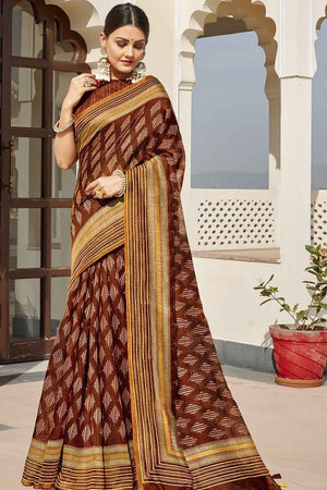 Cinnamon Brown Printed Cotton Saree