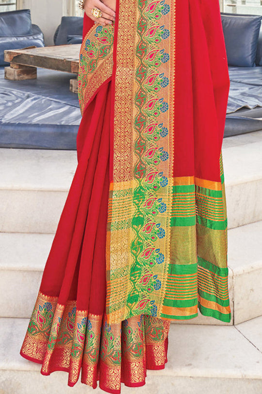 Crimson Red Cotton Saree designer saree