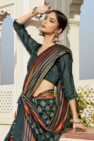 Dark Green Printed Cotton Saree