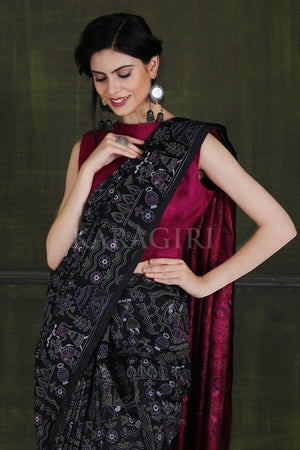 Ebony Black Madhubani Printed Cotton Saree