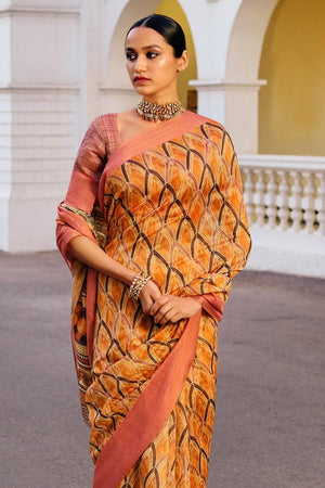 Fire Yellow Multicolour Printed Cotton Saree