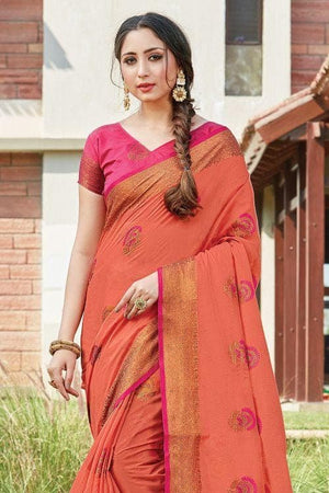 Geraldine Peach Floral Zari Cotton Saree