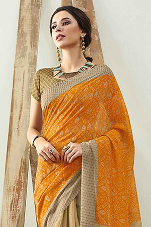 Gold And Beige Printed Cotton Saree