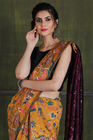 Honey Yellow Madhubani Printed Cotton Saree