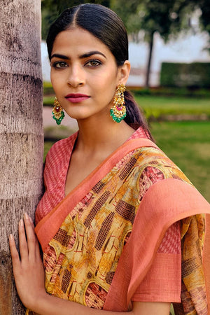 Honey Yellow Multicolour Printed Cotton Saree