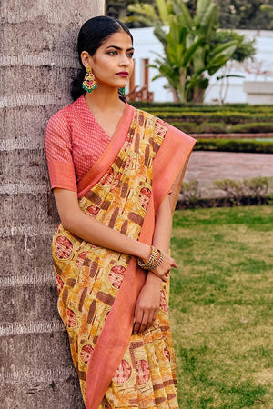 Honey Yellow Multicolour Printed Cotton Saree