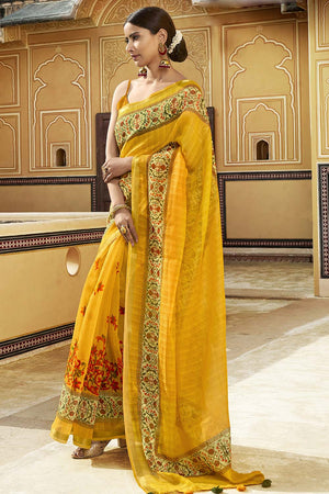Honey Yellow Printed Cotton Saree