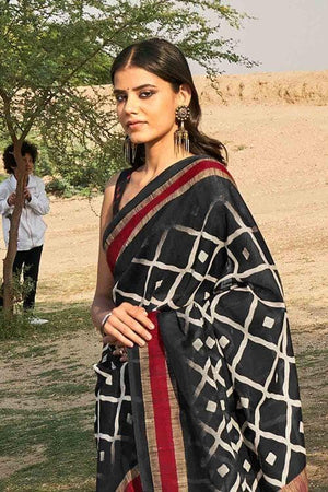 Ink Black Printed Cotton Saree