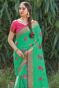 Jungle Green Floral Zari Cotton Saree green golden cotton saree