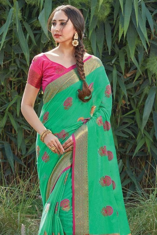 Jungle Green Floral Zari Cotton Saree green golden cotton saree
