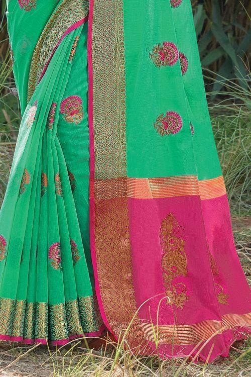 Jungle Green Floral Zari Cotton Saree cotton saree online