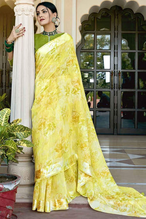 Lemon Yellow Printed Cotton Saree
