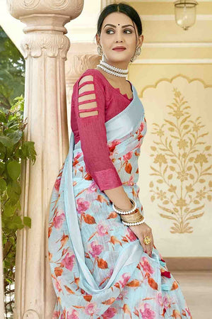 Light Blue Printed Cotton Saree