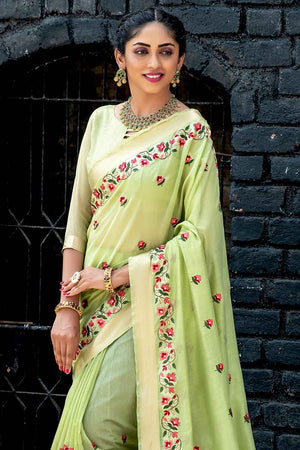 Lime Green Cotton Linen Blend Saree
