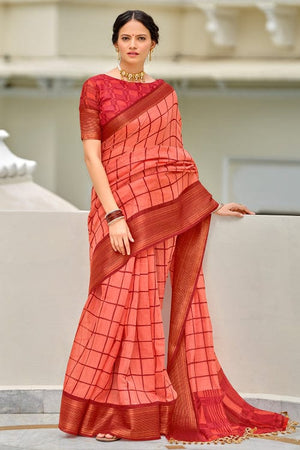 Living Coral Peach Cotton Saree