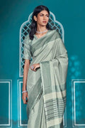 Mid Grey Cotton Saree With Lucknowi Prints cotton