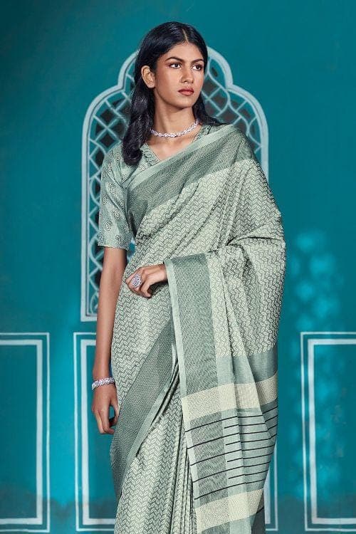 Mid Grey Cotton Saree With Lucknowi Prints cotton